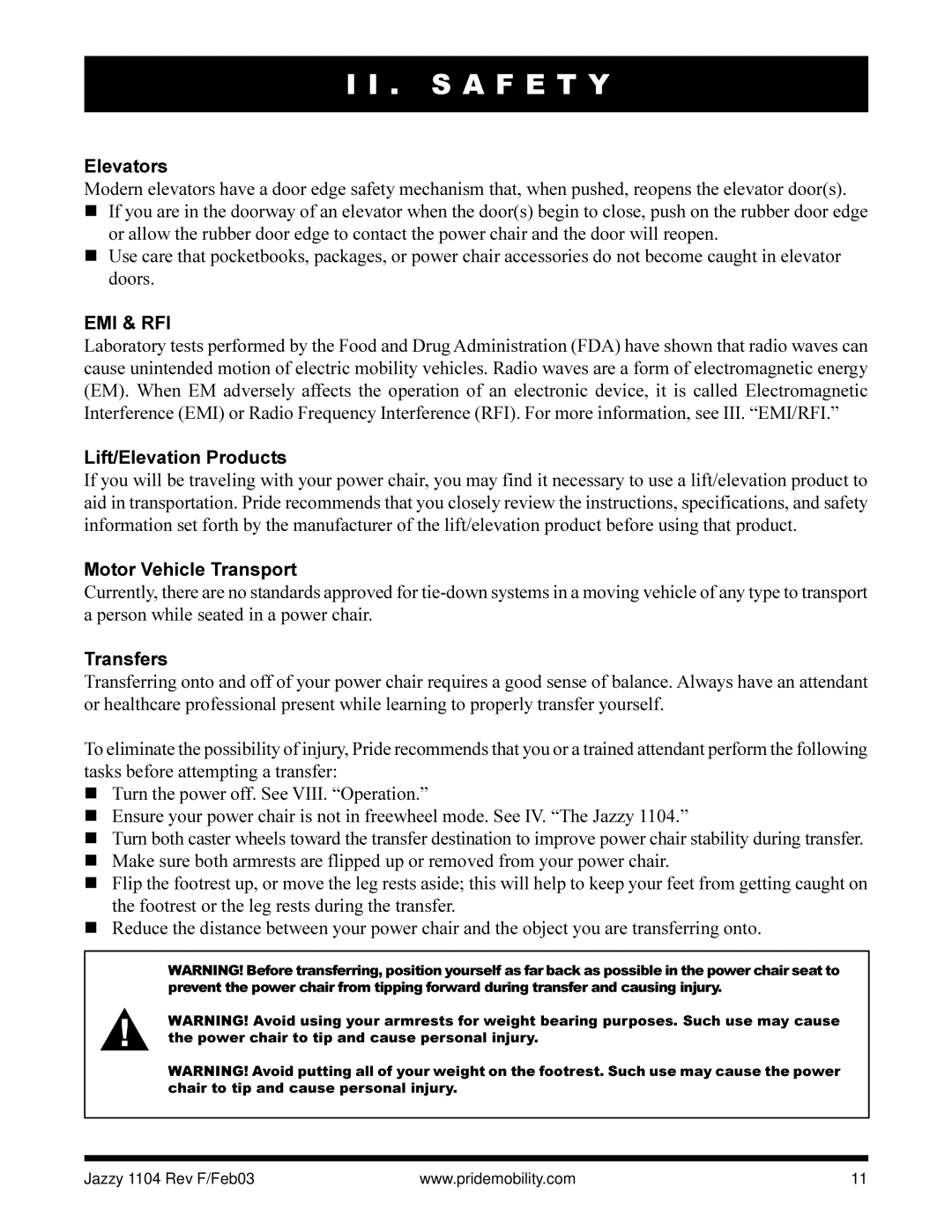 Pride Mobility Jazzy 1104 owner manual Elevators, Emi & Rfi, Lift/Elevation Products, Motor Vehicle Transport, Transfers 