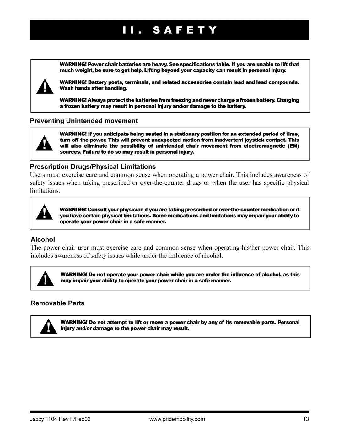 Pride Mobility Jazzy 1104 owner manual Alcohol, Removable Parts 