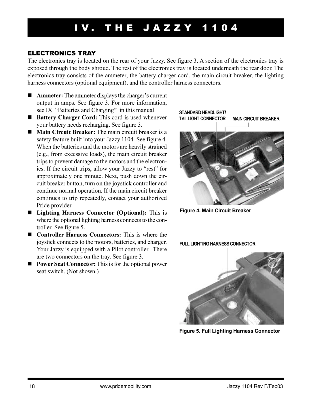 Pride Mobility Jazzy 1104 owner manual Electronics Tray, Main Circuit Breaker 