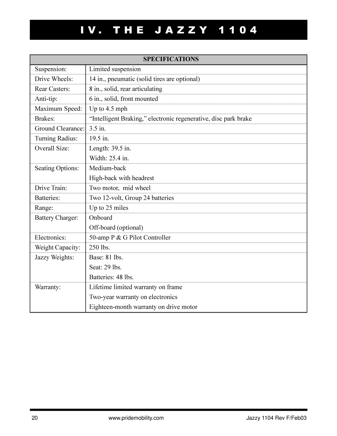 Pride Mobility Jazzy 1104 owner manual Specifications 