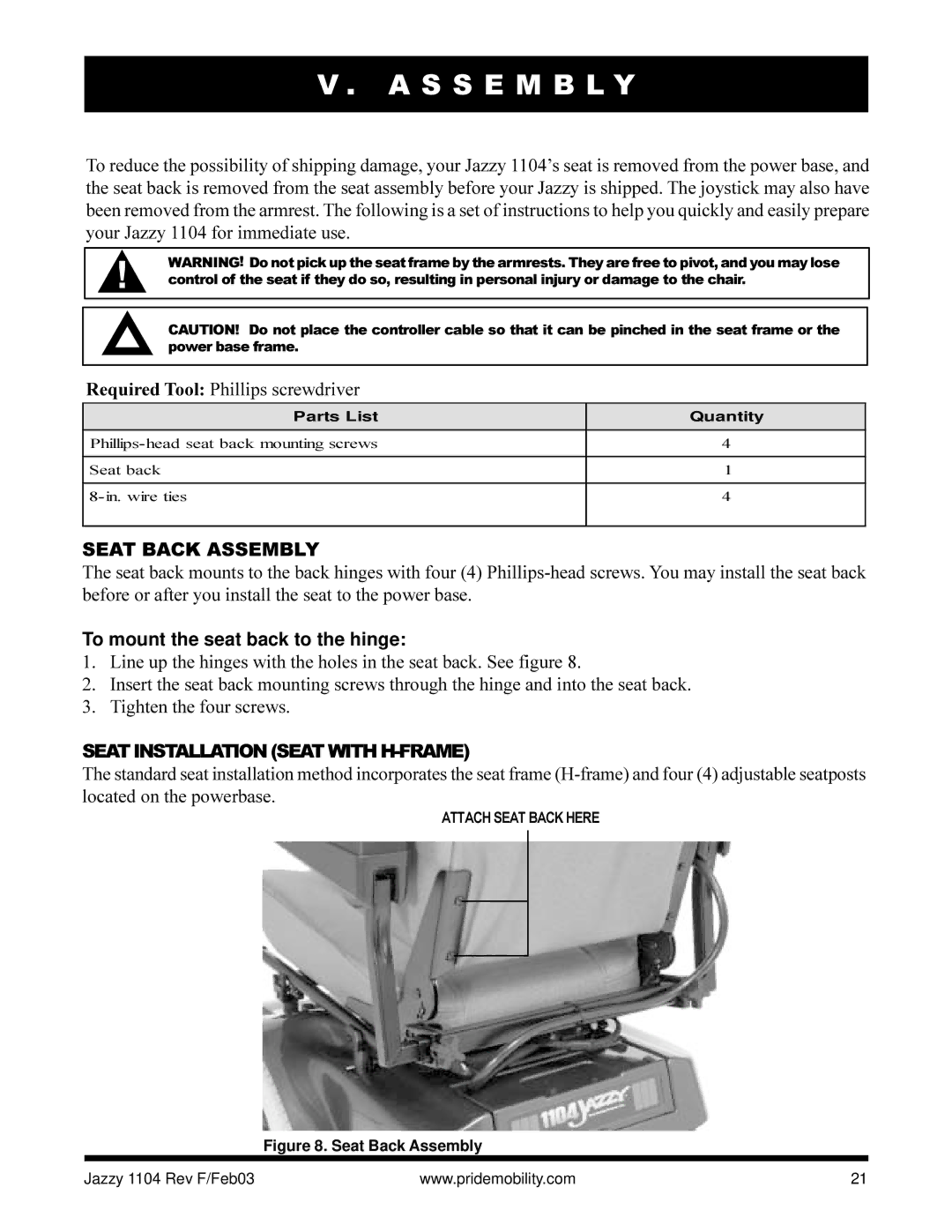 Pride Mobility Jazzy 1104 owner manual S S E M B L Y, Seat Back Assembly, To mount the seat back to the hinge 