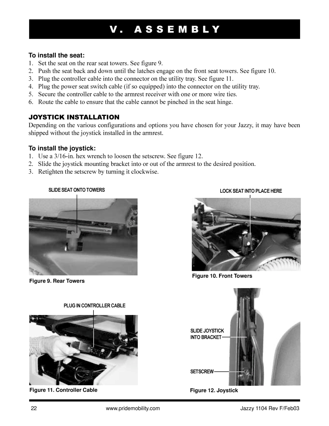 Pride Mobility Jazzy 1104 owner manual To install the seat, Joystick Installation, To install the joystick 