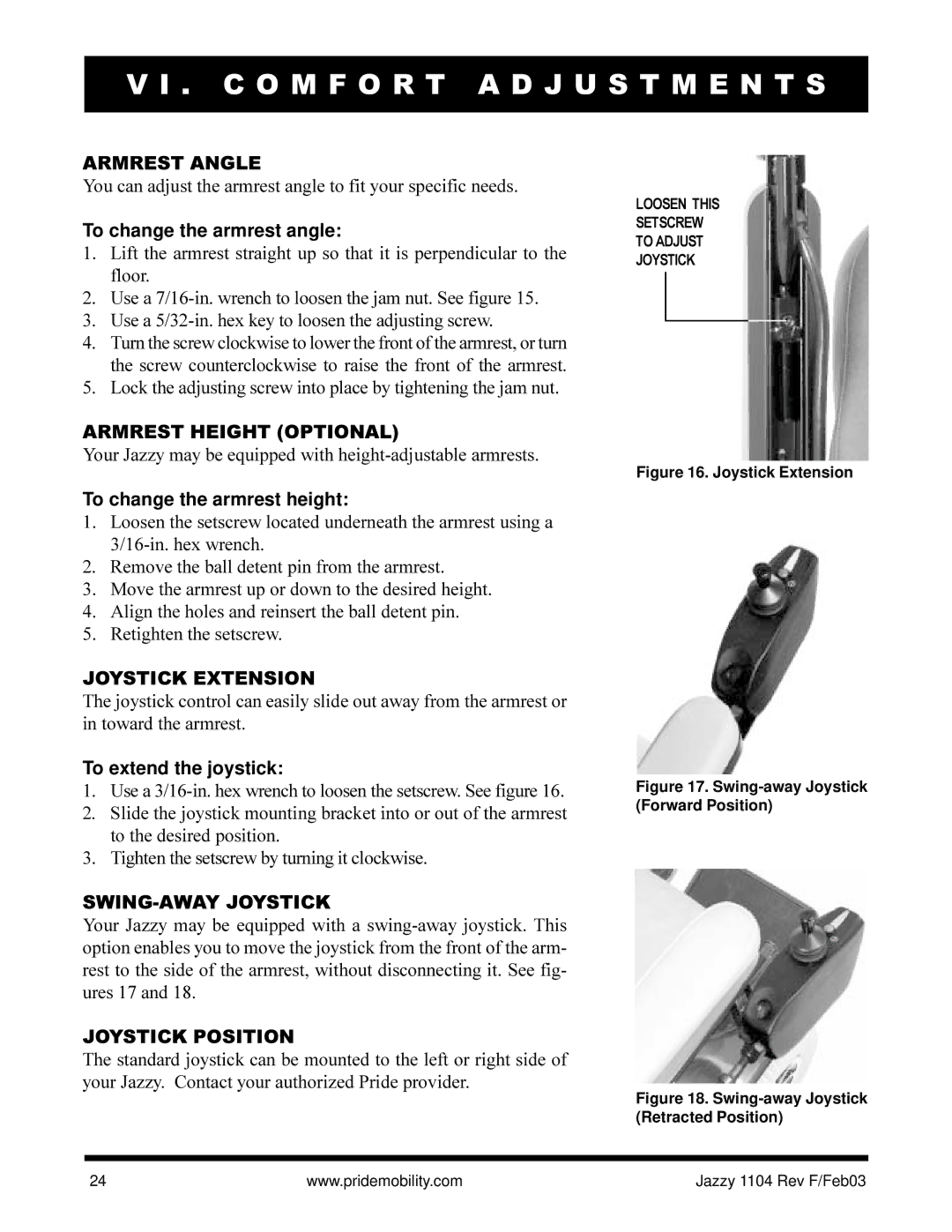 Pride Mobility Jazzy 1104 owner manual Armrest Angle, Armrest Height Optional, Joystick Extension, SWING-AWAY Joystick 