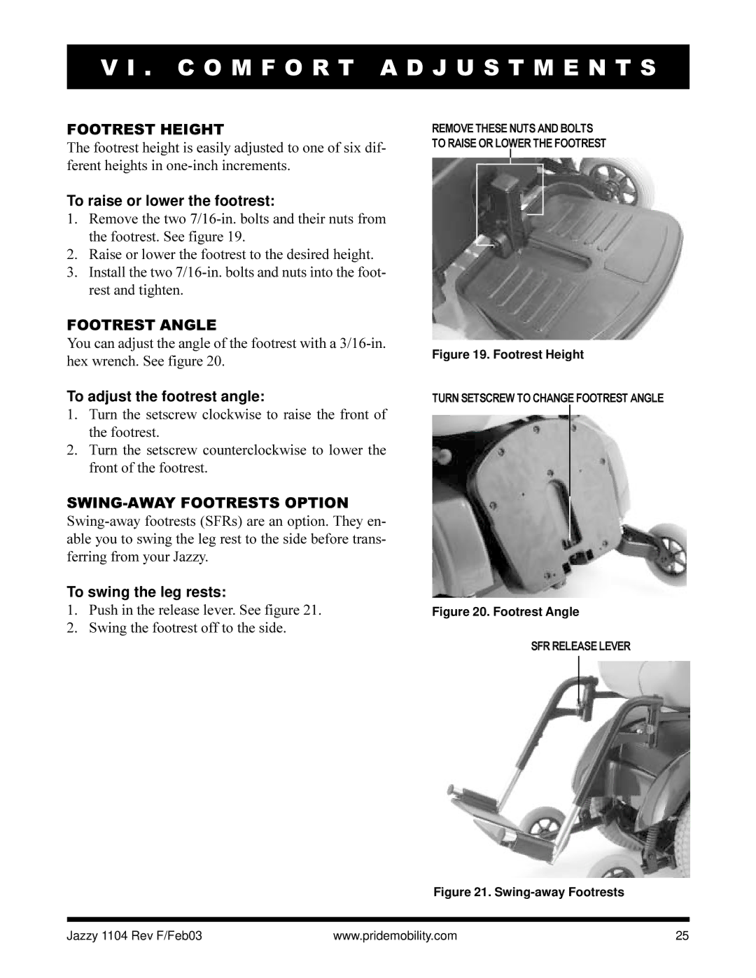 Pride Mobility Jazzy 1104 Footrest Height, To raise or lower the footrest, Footrest Angle, To adjust the footrest angle 