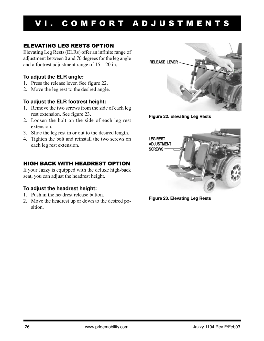 Pride Mobility Jazzy 1104 owner manual To adjust the ELR angle, To adjust the ELR footrest height 