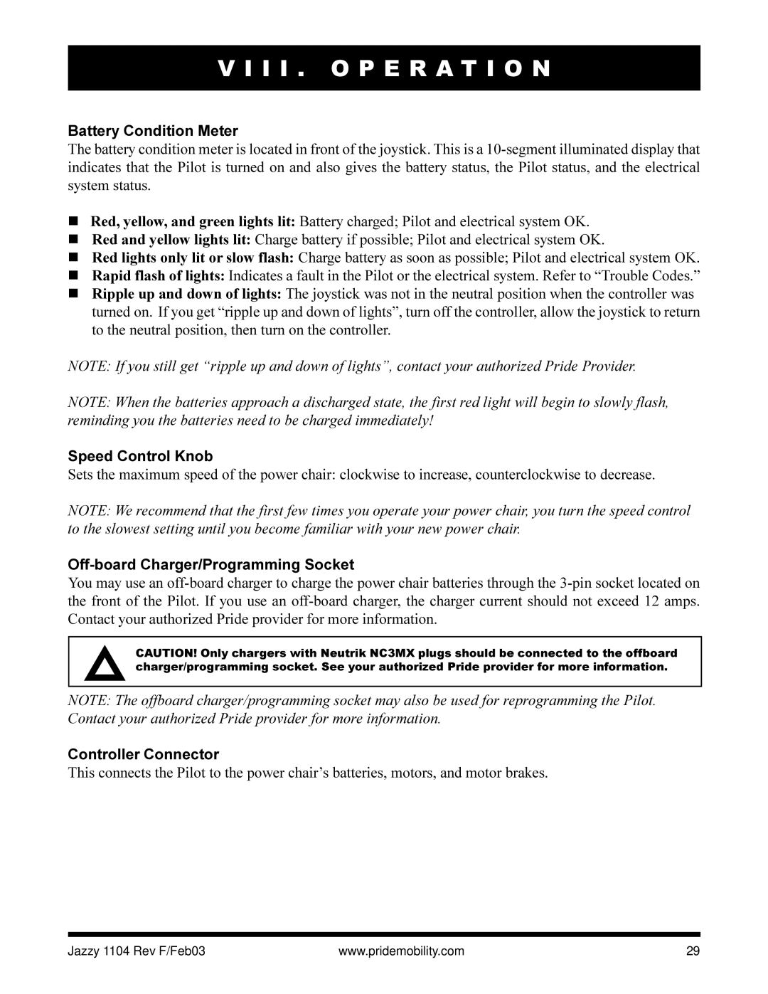 Pride Mobility Jazzy 1104 owner manual Battery Condition Meter, Speed Control Knob, Off-board Charger/Programming Socket 