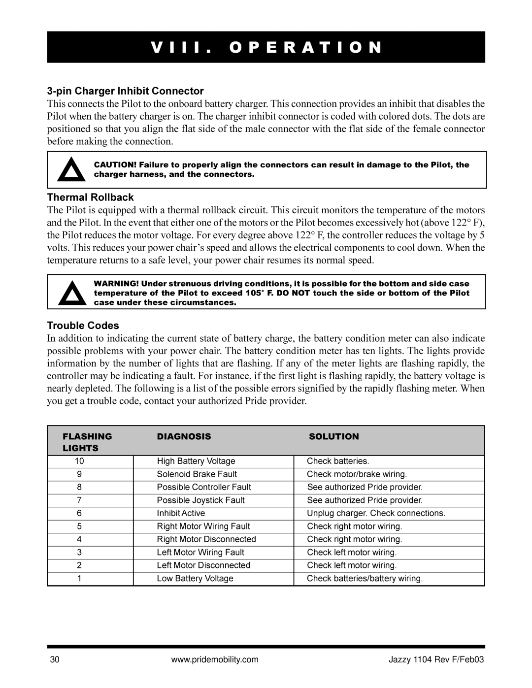 Pride Mobility Jazzy 1104 owner manual Pin Charger Inhibit Connector, Thermal Rollback, Trouble Codes 