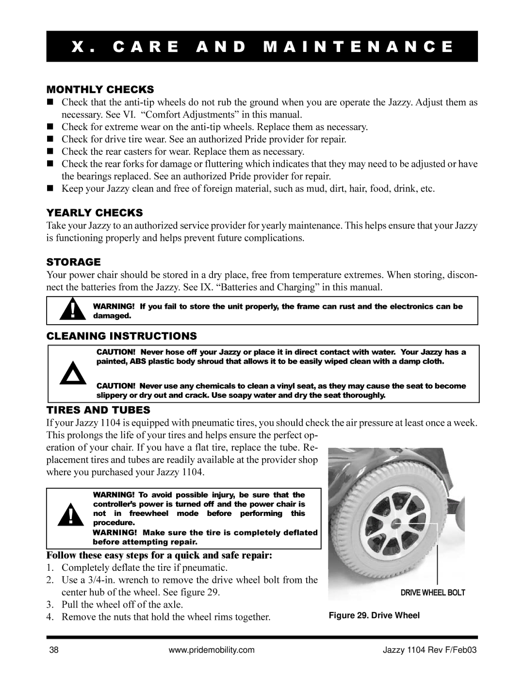 Pride Mobility Jazzy 1104 owner manual Monthly Checks, Yearly Checks, Storage, Cleaning Instructions Tires and Tubes 