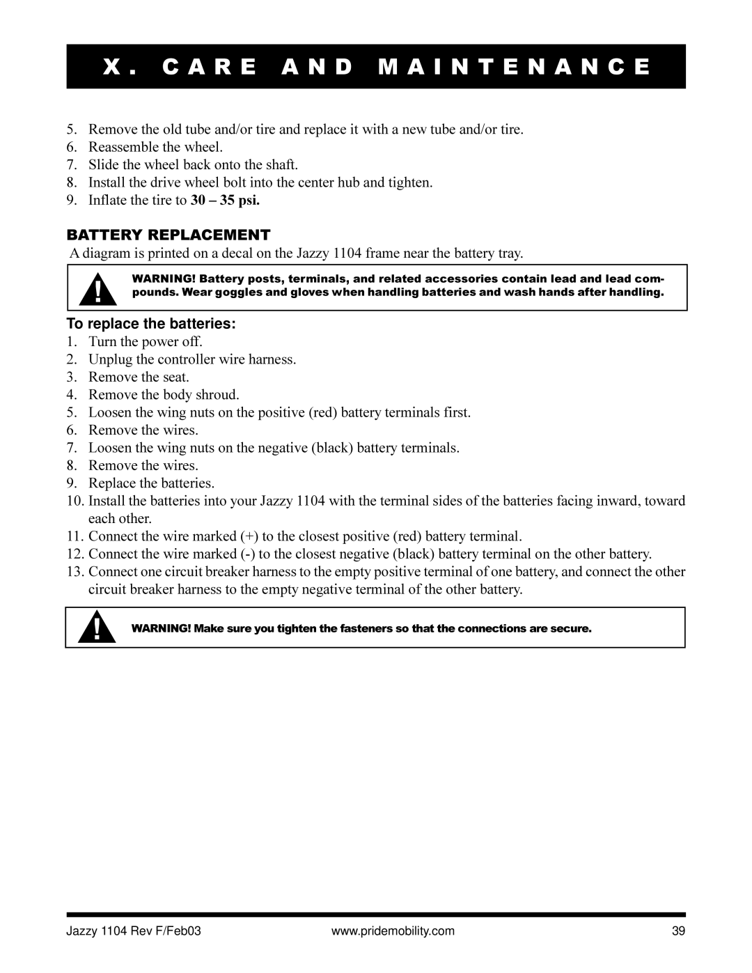 Pride Mobility Jazzy 1104 owner manual Battery Replacement, To replace the batteries 