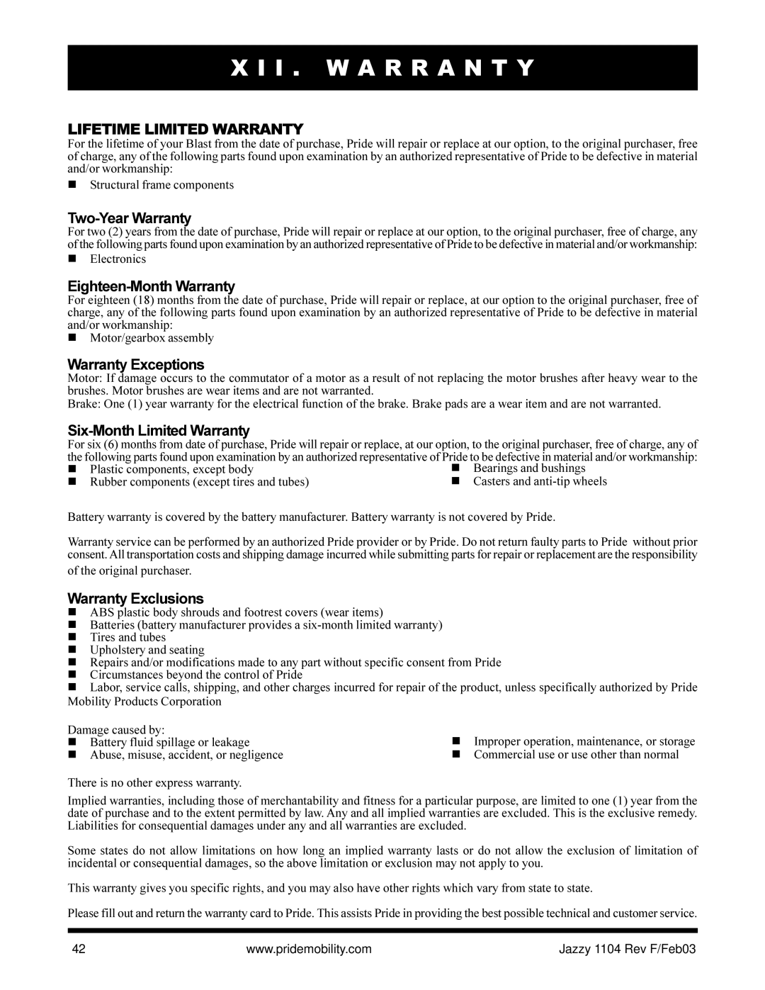 Pride Mobility Jazzy 1104 owner manual I . W a R R a N T Y, Lifetime Limited Warranty 
