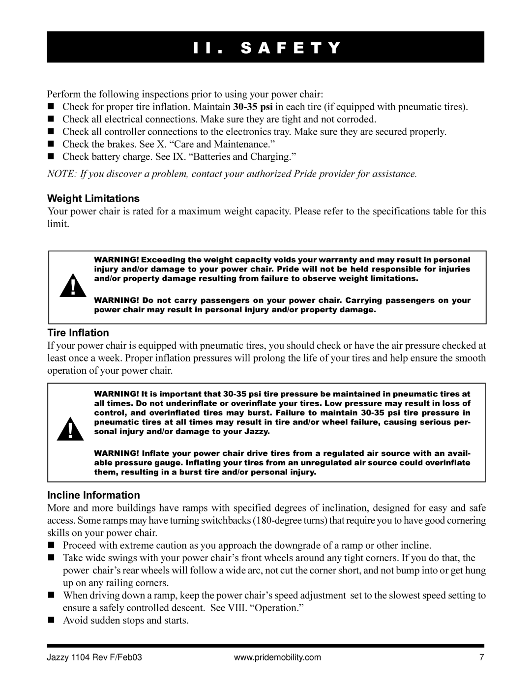 Pride Mobility Jazzy 1104 owner manual Weight Limitations, Tire Inflation, Incline Information 