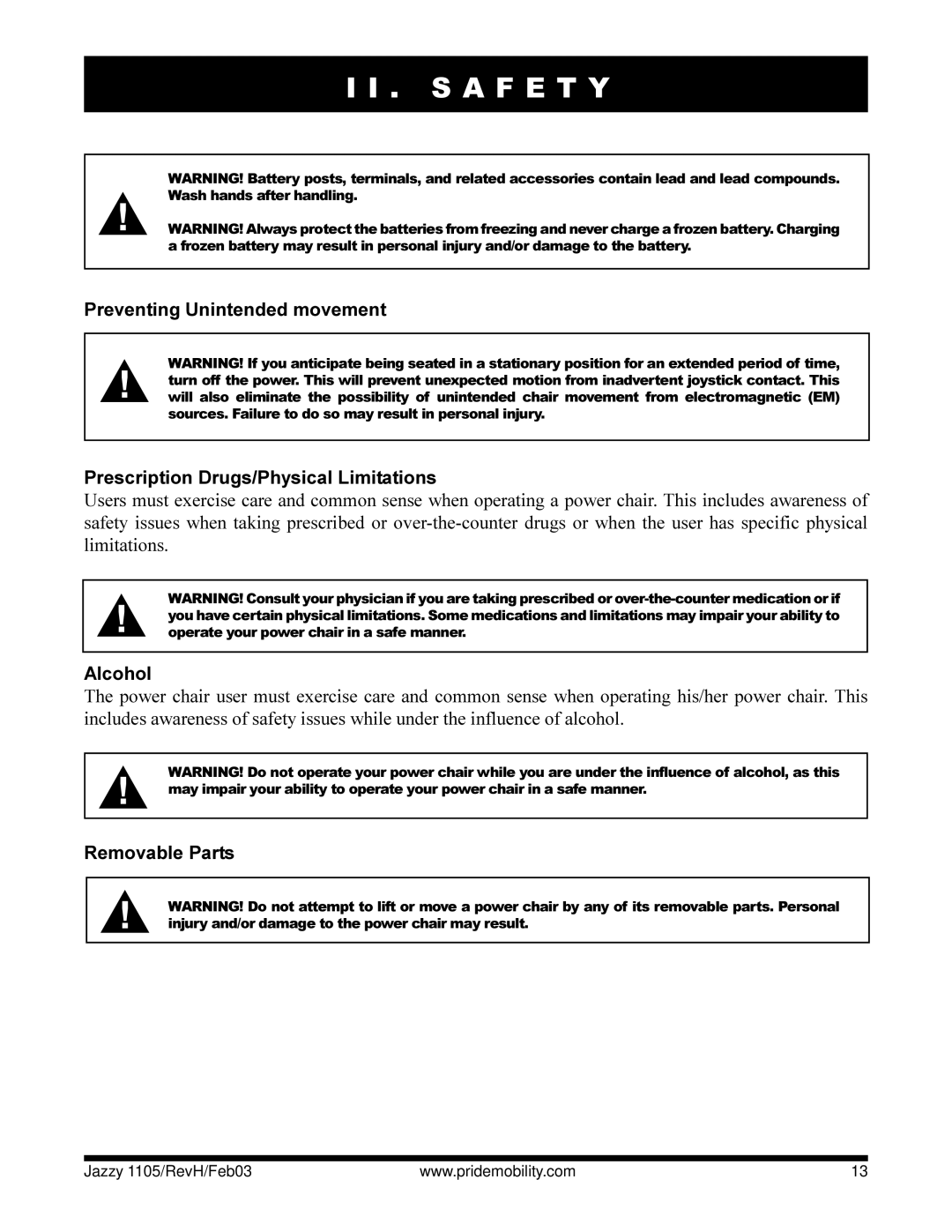 Pride Mobility Jazzy 1105 owner manual Alcohol, Removable Parts 