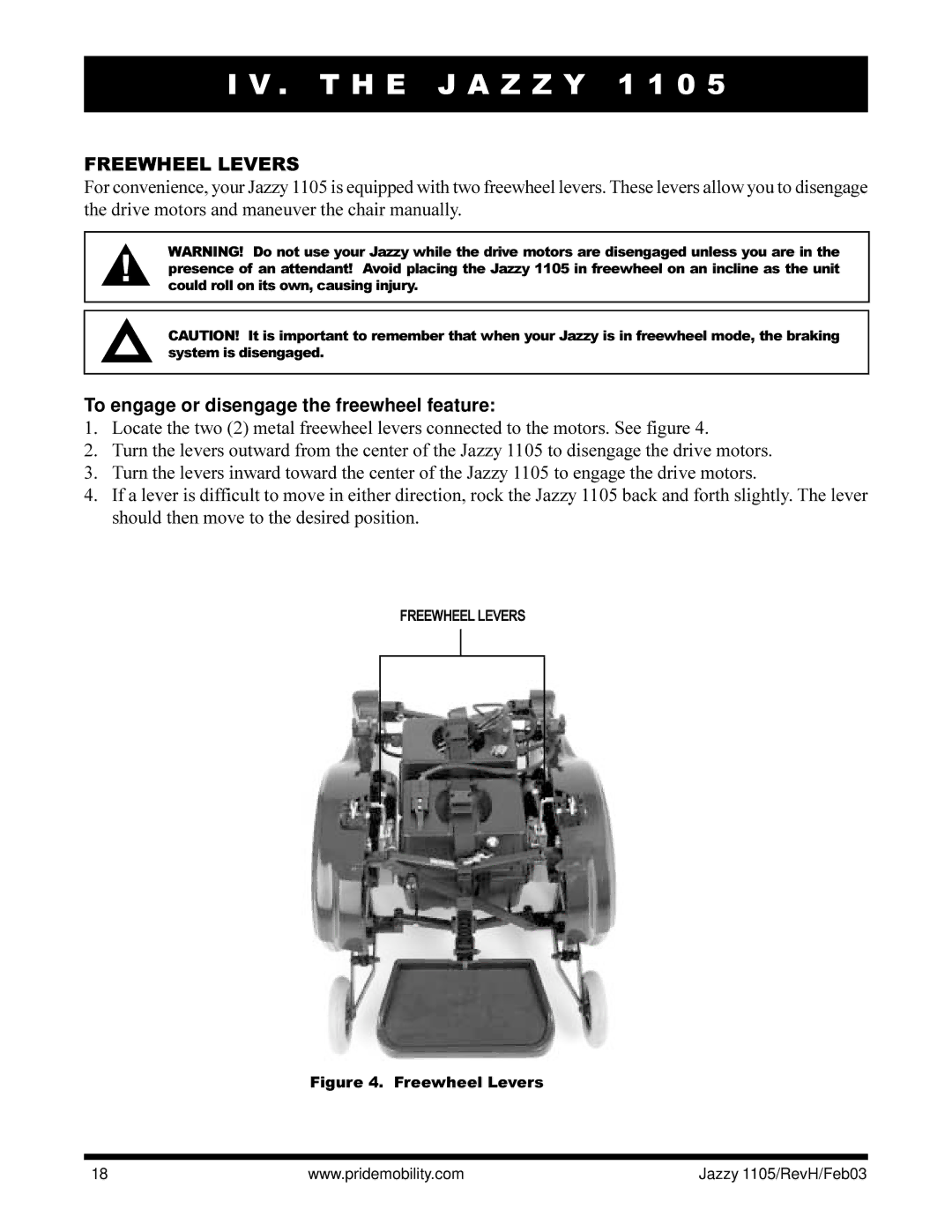 Pride Mobility Jazzy 1105 owner manual Freewheel Levers, To engage or disengage the freewheel feature 