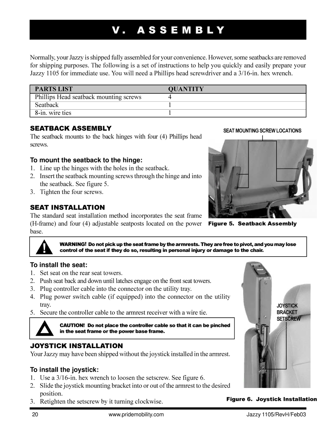 Pride Mobility Jazzy 1105 S S E M B L Y, Parts List Quantity, Seatback Assembly, Seat Installation, Joystick Installation 