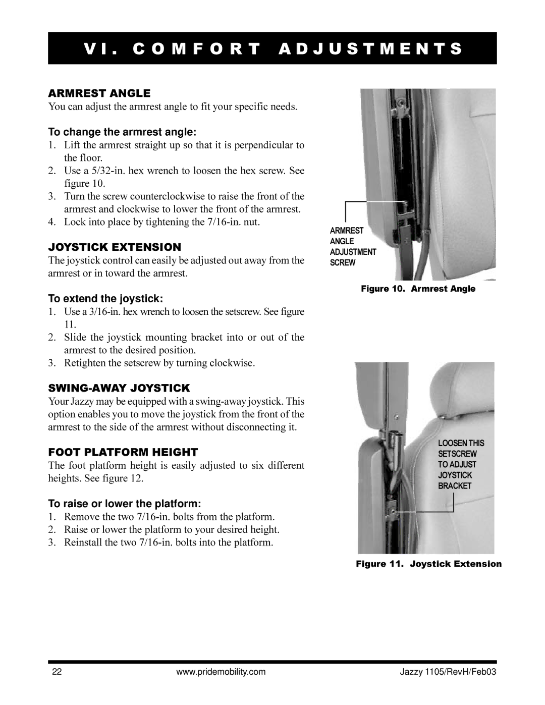 Pride Mobility Jazzy 1105 owner manual Armrest Angle, Joystick Extension, SWING-AWAY Joystick, Foot Platform Height 