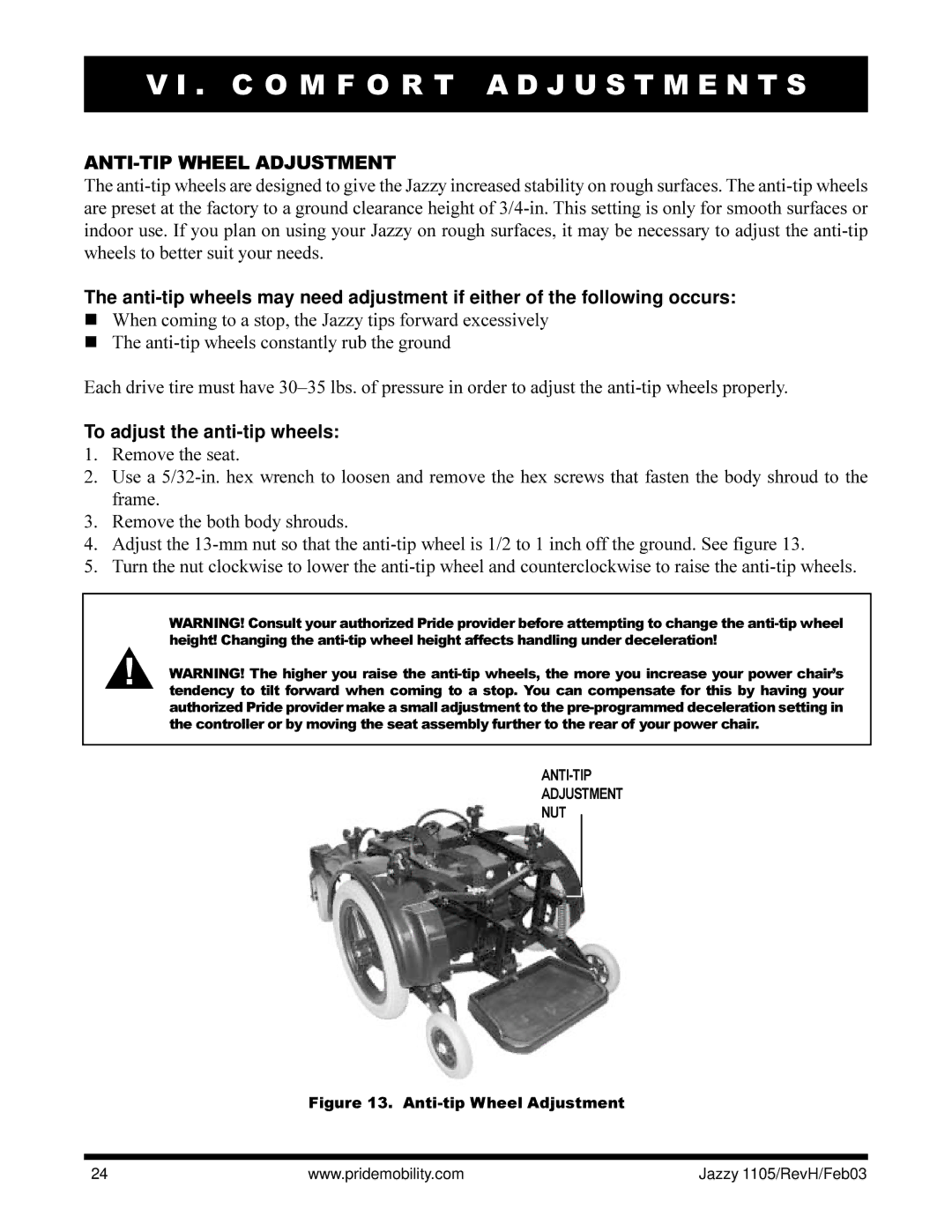 Pride Mobility Jazzy 1105 owner manual ANTI-TIP Wheel Adjustment, To adjust the anti-tip wheels 