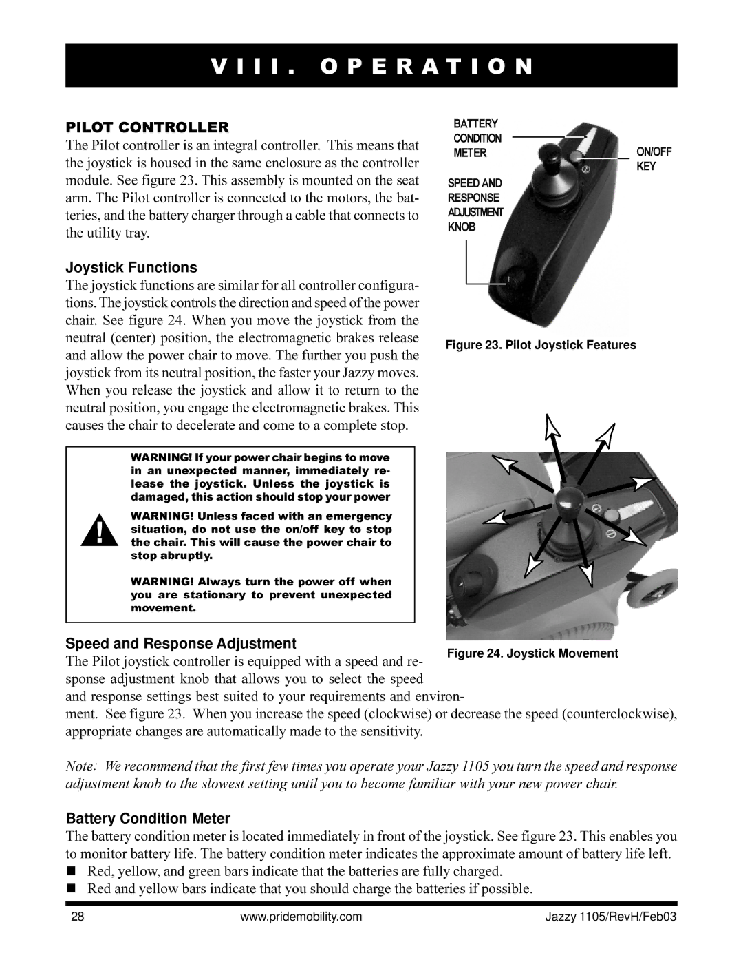 Pride Mobility Jazzy 1105 Pilot Controller, Joystick Functions, Speed and Response Adjustment, Battery Condition Meter 