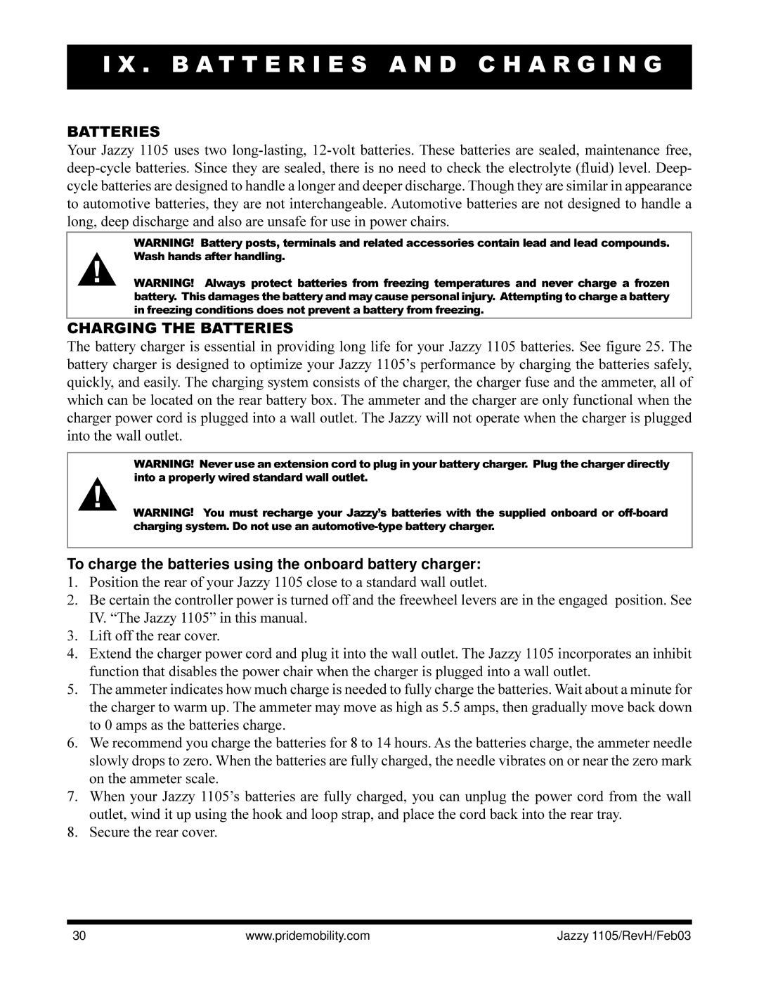 Pride Mobility Jazzy 1105 owner manual B a T T E R I E S a N D C H a R G I N G, Charging the Batteries 