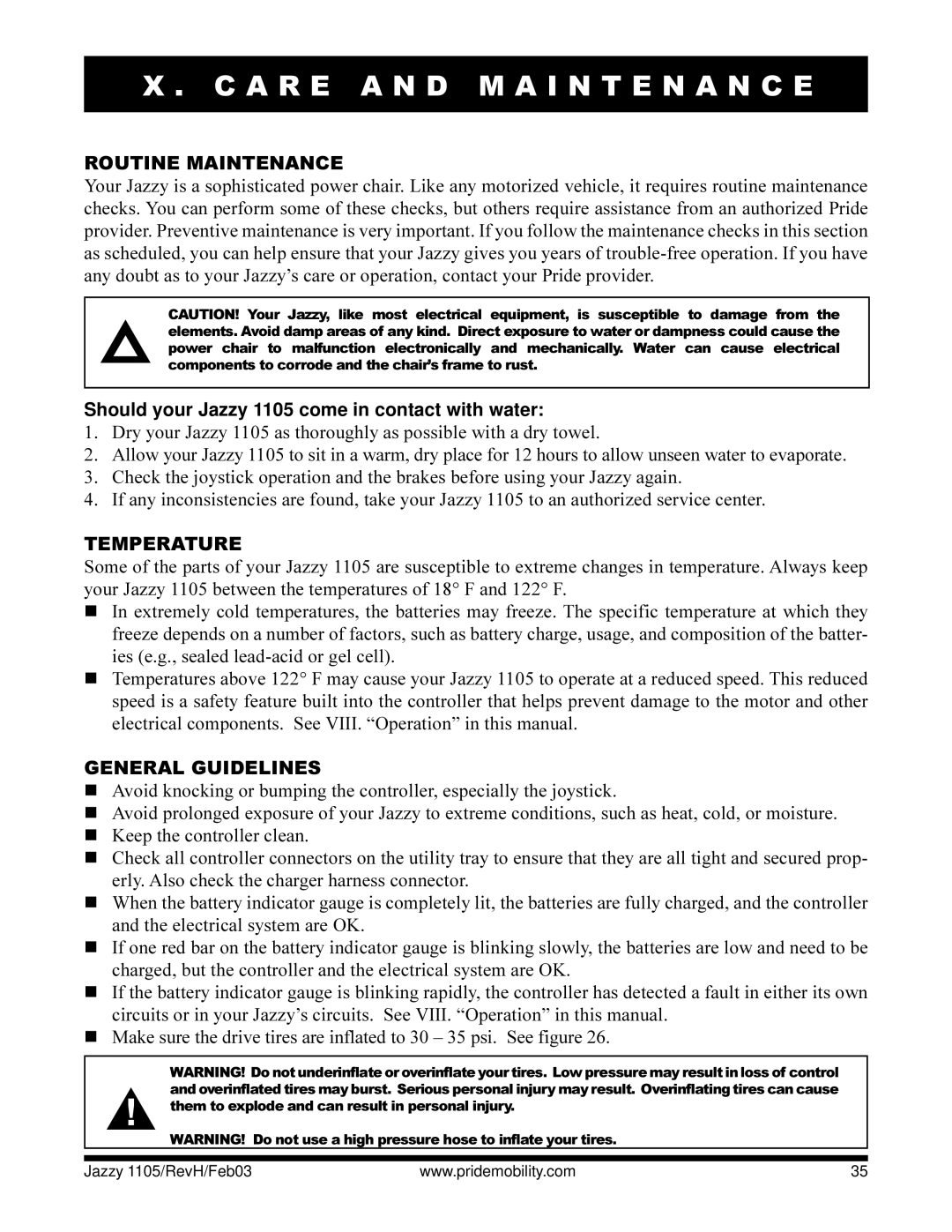 Pride Mobility Jazzy 1105 A R E a N D M a I N T E N a N C E, Routine Maintenance, Temperature, General Guidelines 