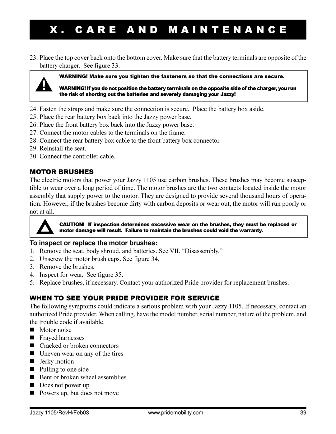 Pride Mobility Jazzy 1105 owner manual Motor Brushes, To inspect or replace the motor brushes 