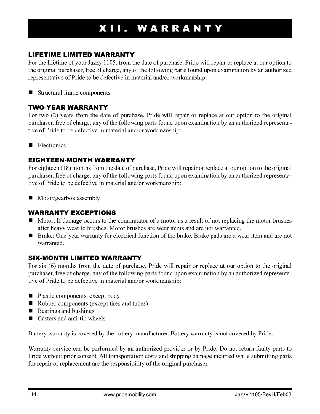 Pride Mobility Jazzy 1105 owner manual I . W a R R a N T Y 