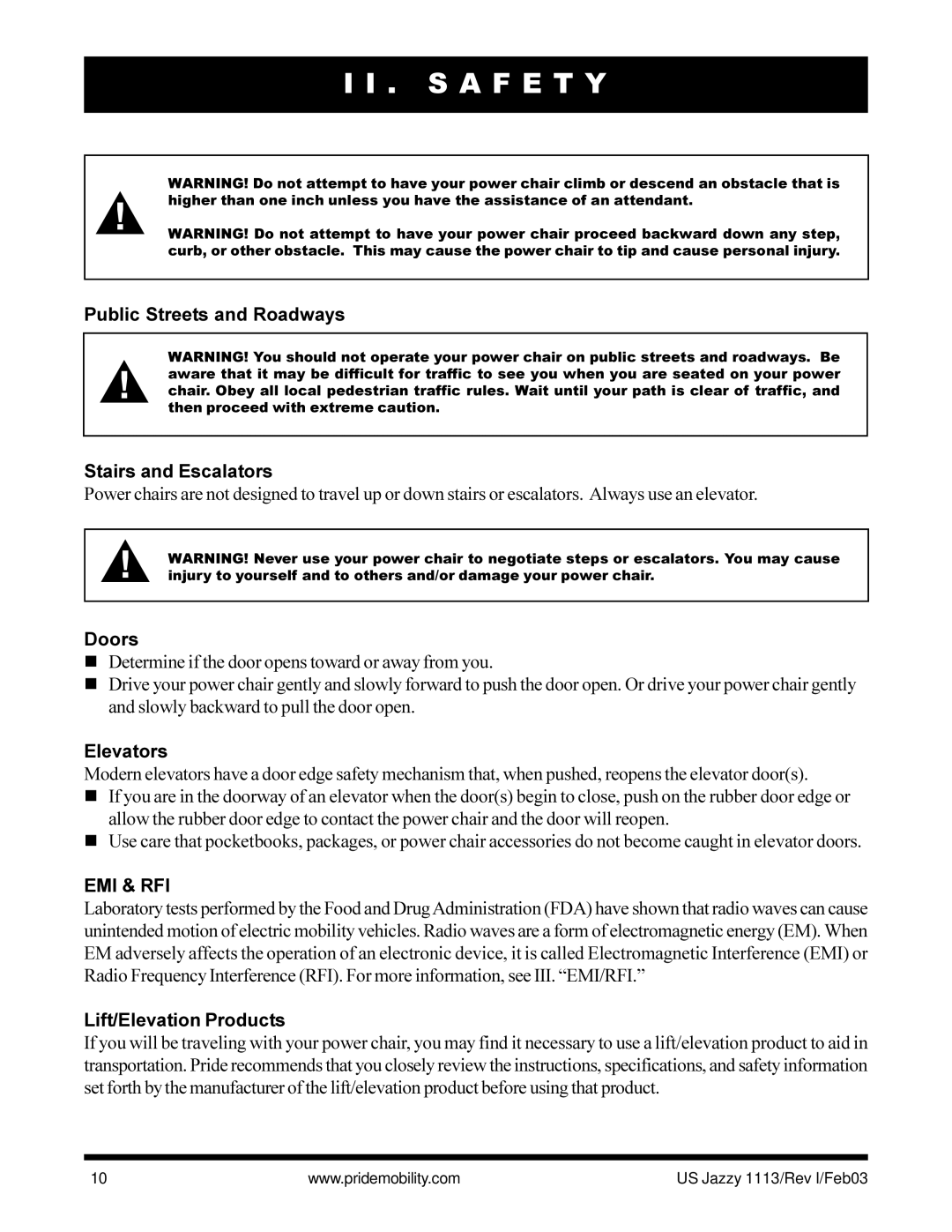 Pride Mobility Jazzy 1113 owner manual Public Streets and Roadways Stairs and Escalators, Doors, Elevators, Emi & Rfi 