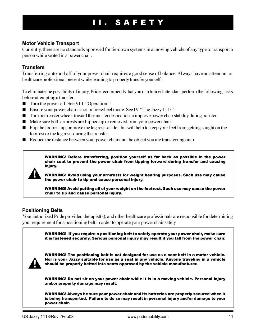 Pride Mobility Jazzy 1113 owner manual Motor Vehicle Transport, Transfers, Positioning Belts 