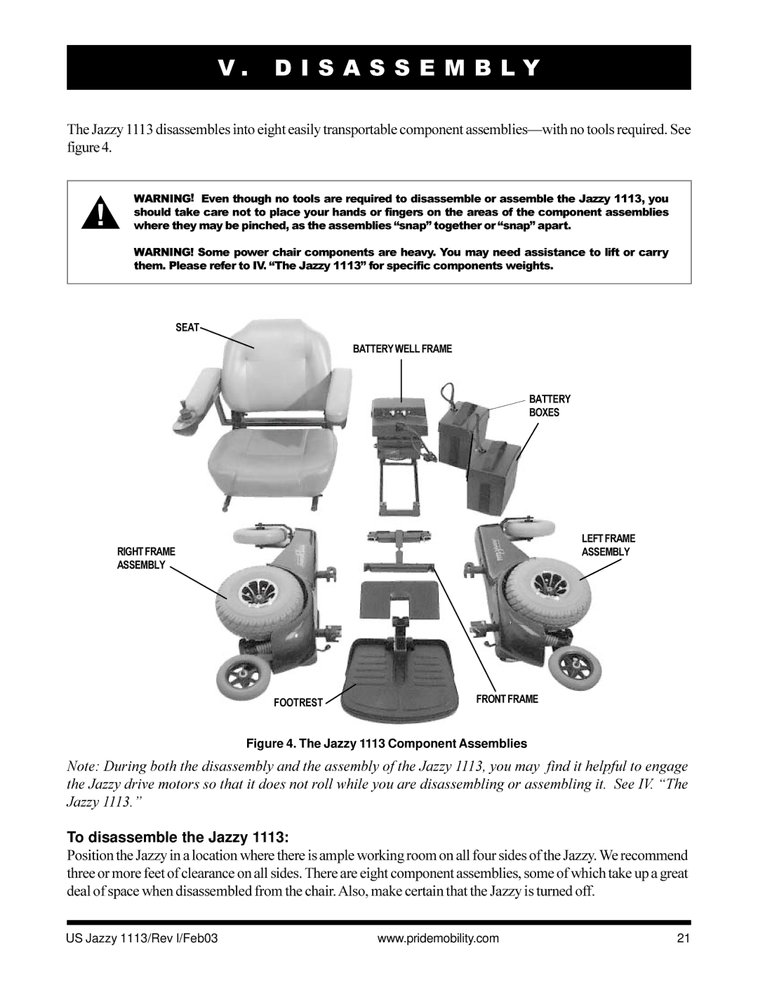 Pride Mobility Jazzy 1113 owner manual I S a S S E M B L Y, To disassemble the Jazzy 