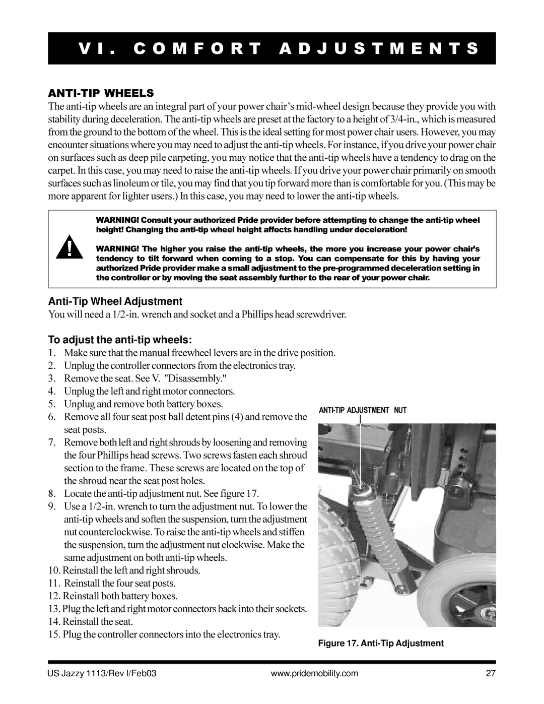 Pride Mobility Jazzy 1113 owner manual ANTI-TIP Wheels, Anti-Tip Wheel Adjustment, To adjust the anti-tip wheels 