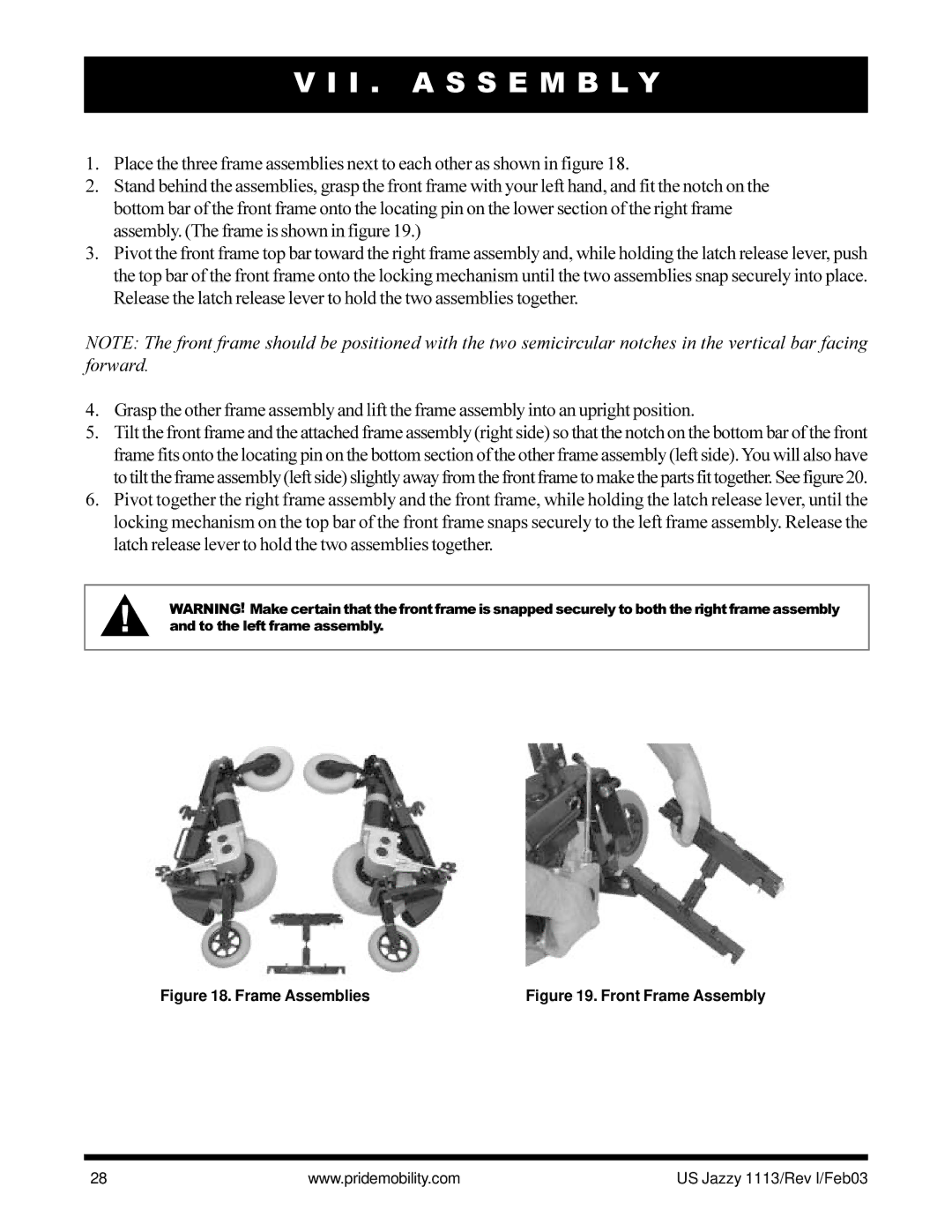 Pride Mobility Jazzy 1113 owner manual I . a S S E M B L Y, Frame Assemblies 