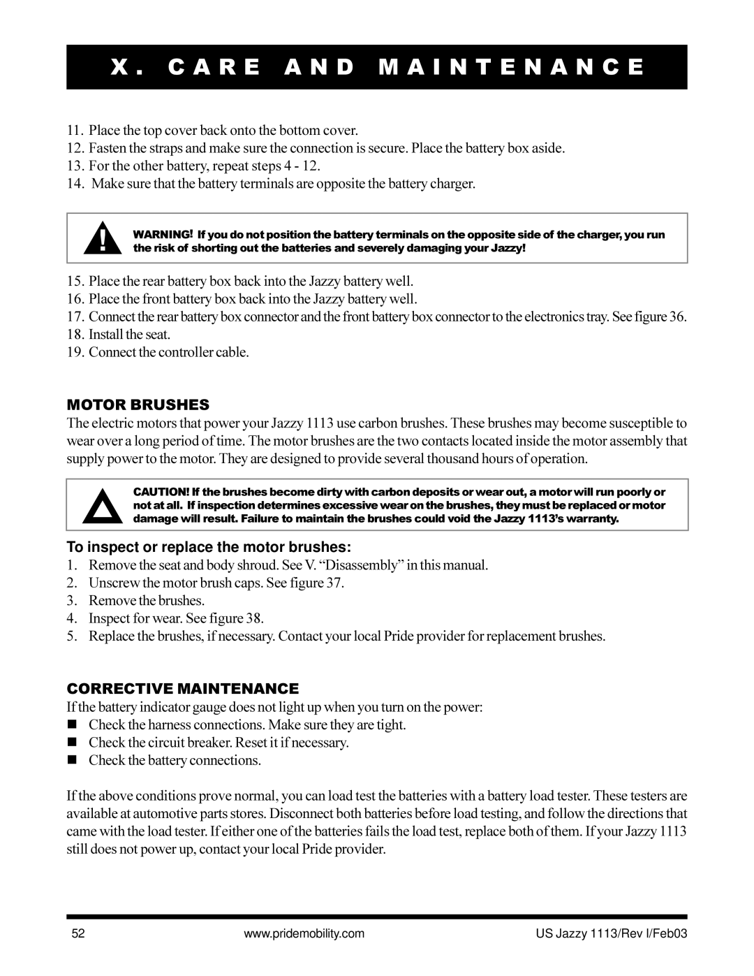 Pride Mobility Jazzy 1113 owner manual Motor Brushes, To inspect or replace the motor brushes, Corrective Maintenance 