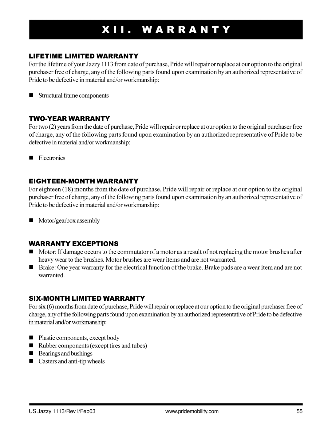 Pride Mobility Jazzy 1113 owner manual I . W a R R a N T Y 