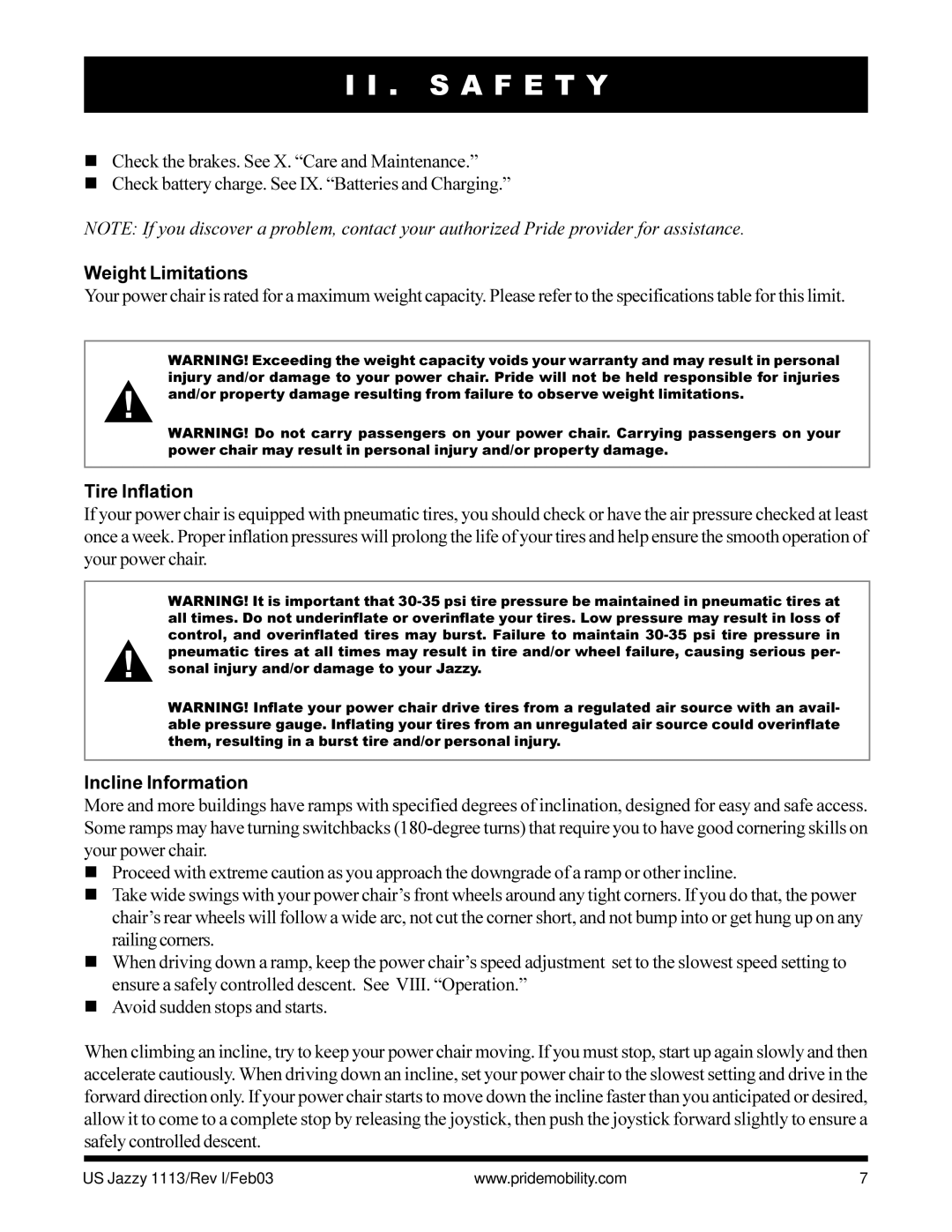 Pride Mobility Jazzy 1113 owner manual Weight Limitations, Tire Inflation, Incline Information 