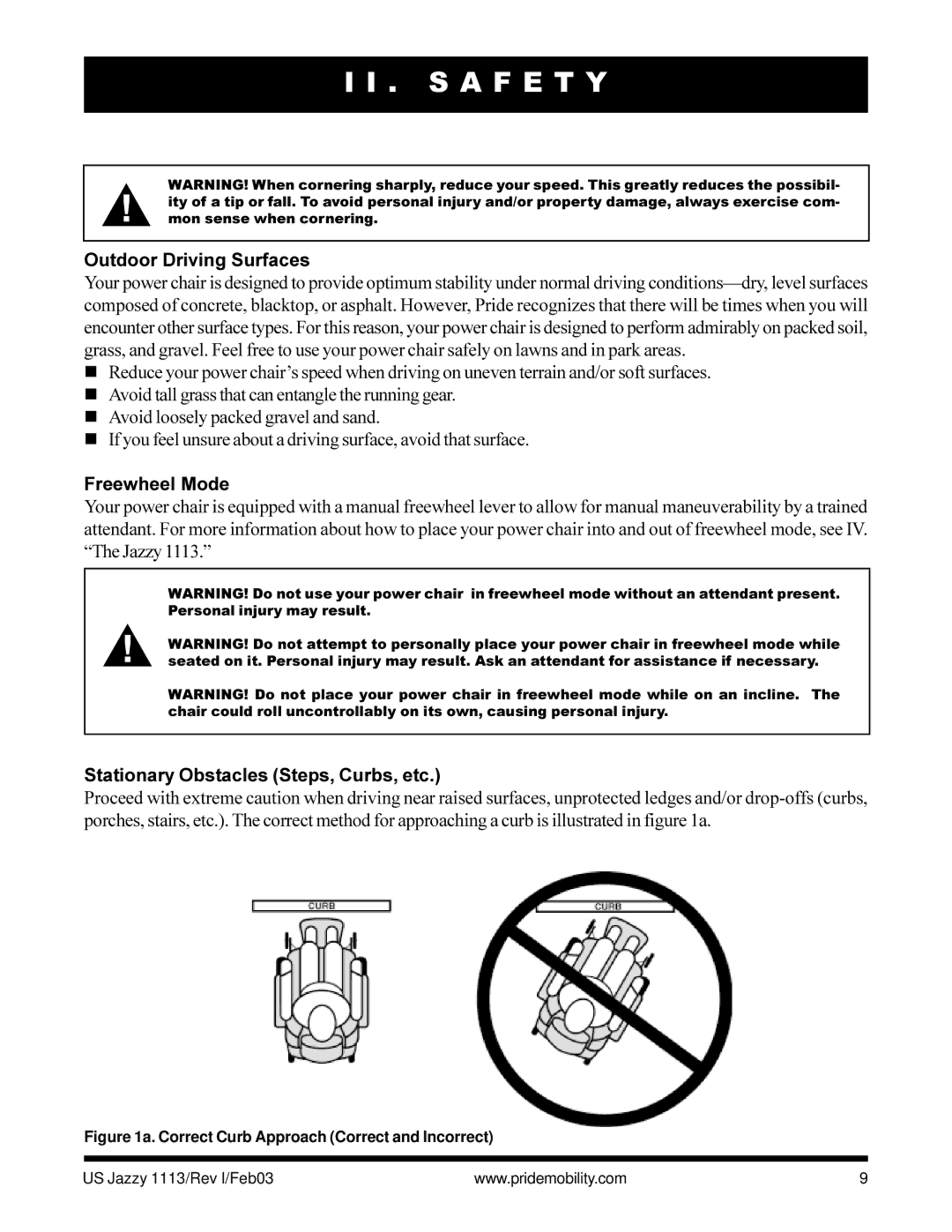 Pride Mobility Jazzy 1113 owner manual Outdoor Driving Surfaces, Freewheel Mode, Stationary Obstacles Steps, Curbs, etc 