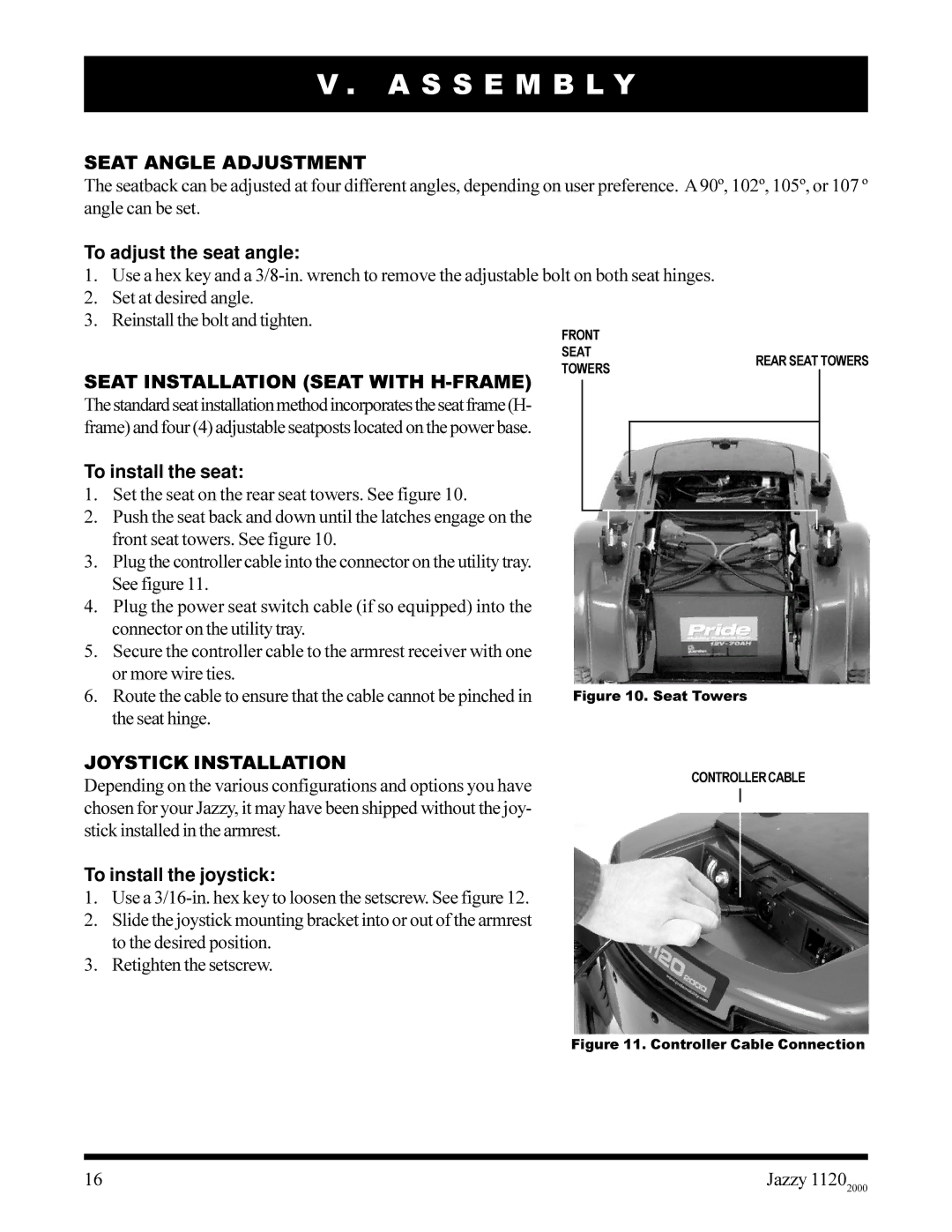 Pride Mobility jazzy 1120 S S E M B L Y, Seat Angle Adjustment, Seat Installation Seat with H-FRAME, Joystick Installation 