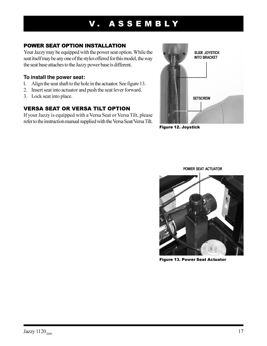 Pride Mobility jazzy 1120 Power Seat Option Installation, To install the power seat, Versa Seat or Versa Tilt Option 