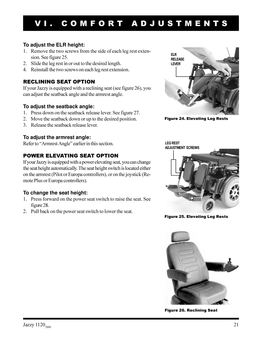 Pride Mobility jazzy 1120 owner manual To adjust the ELR height, Reclining Seat Option, To adjust the seatback angle 