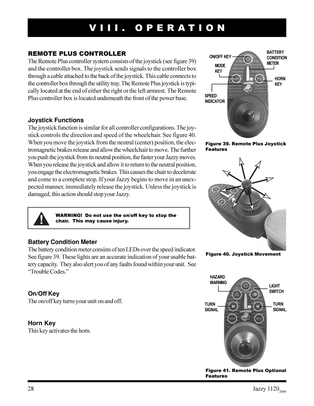Pride Mobility jazzy 1120 owner manual Remote Plus Controller, On/Off Key, Horn Key 