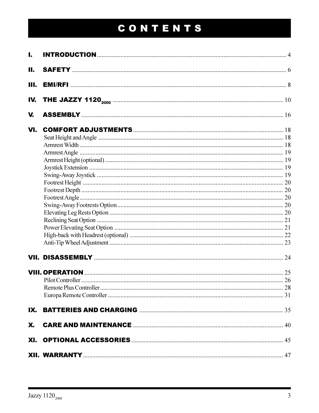 Pride Mobility jazzy 1120 owner manual N T E N T S, Iii 