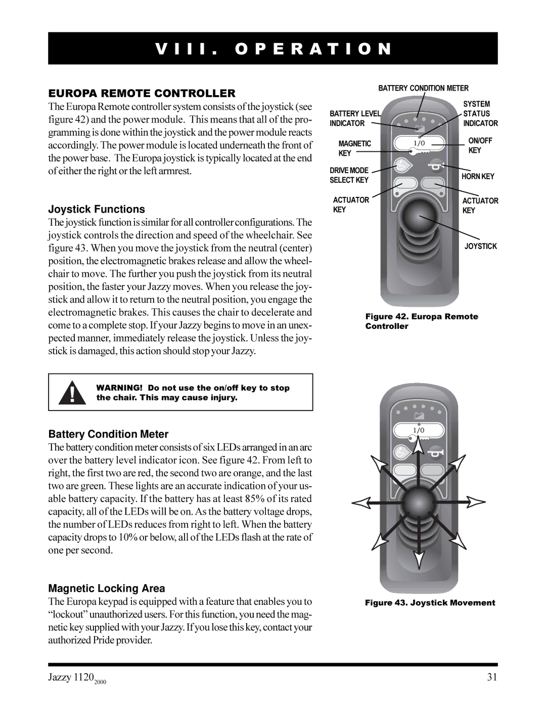 Pride Mobility jazzy 1120 owner manual Europa Remote Controller, Magnetic Locking Area 