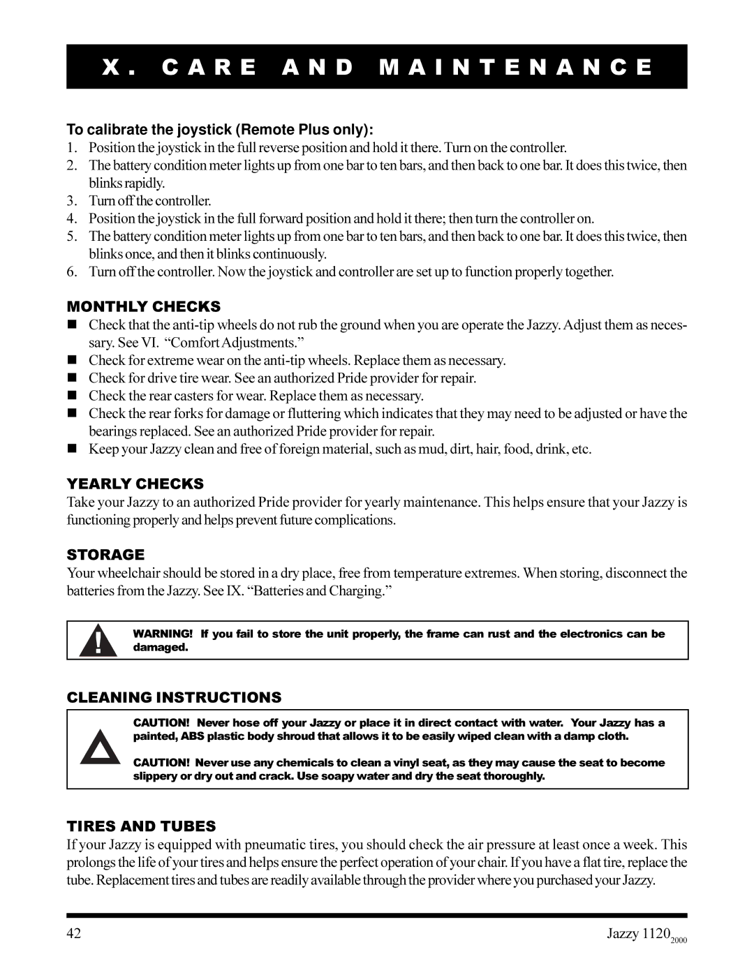 Pride Mobility jazzy 1120 owner manual To calibrate the joystick Remote Plus only, Monthly Checks, Yearly Checks, Storage 