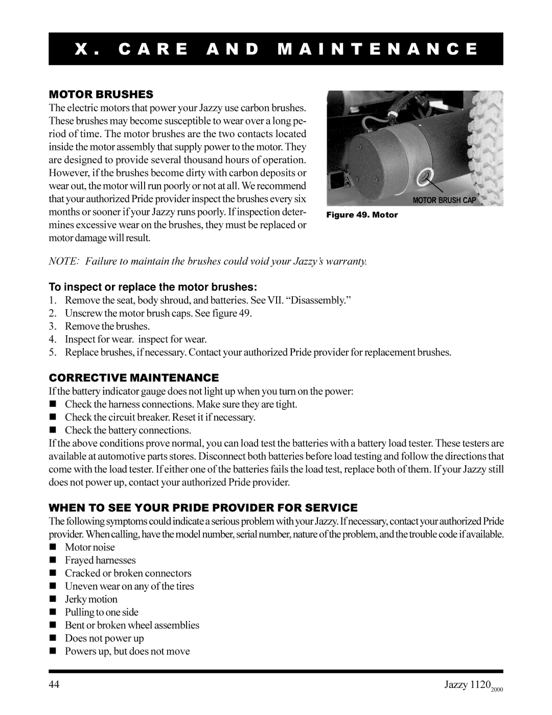 Pride Mobility jazzy 1120 owner manual Motor Brushes, To inspect or replace the motor brushes, Corrective Maintenance 