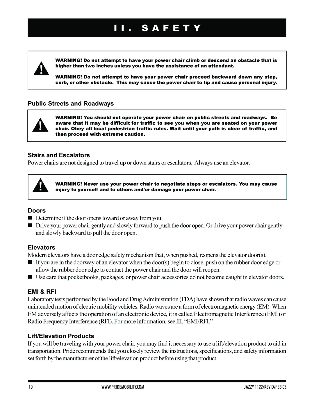 Pride Mobility Jazzy 1122 owner manual Public Streets and Roadways Stairs and Escalators, Doors, Elevators, Emi & Rfi 