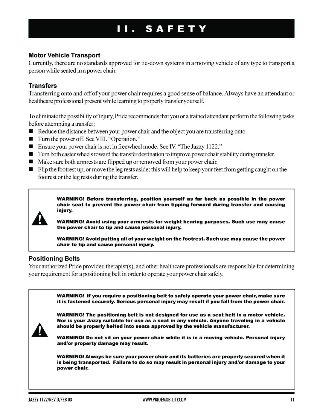 Pride Mobility Jazzy 1122 owner manual Motor Vehicle Transport, Transfers, Positioning Belts 