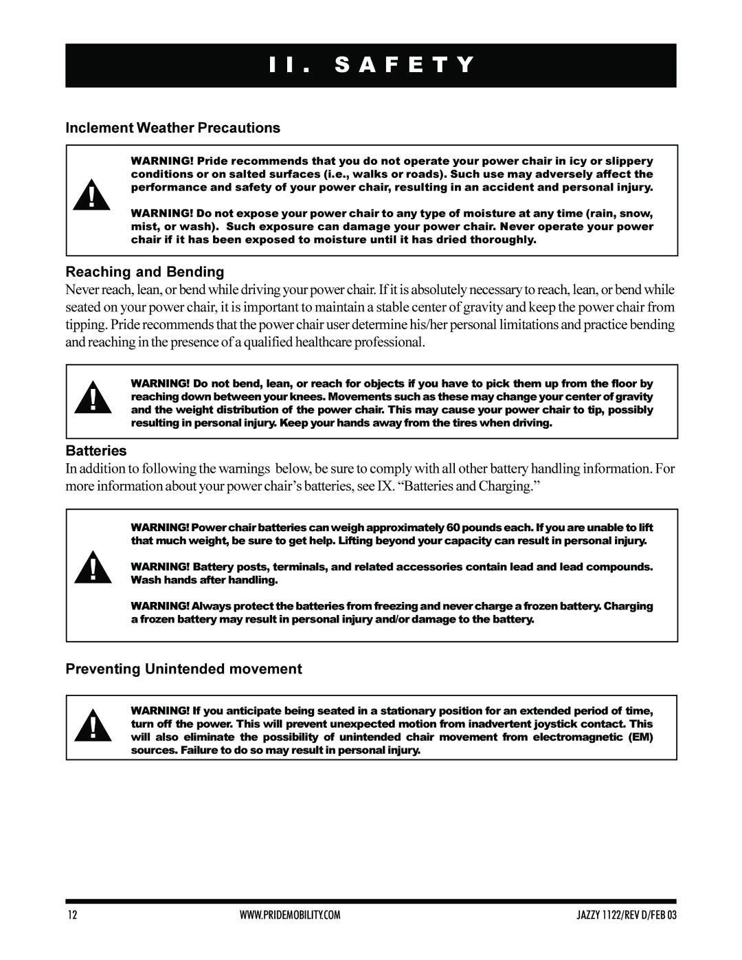 Pride Mobility Jazzy 1122 Inclement Weather Precautions Reaching and Bending, Batteries, Preventing Unintended movement 