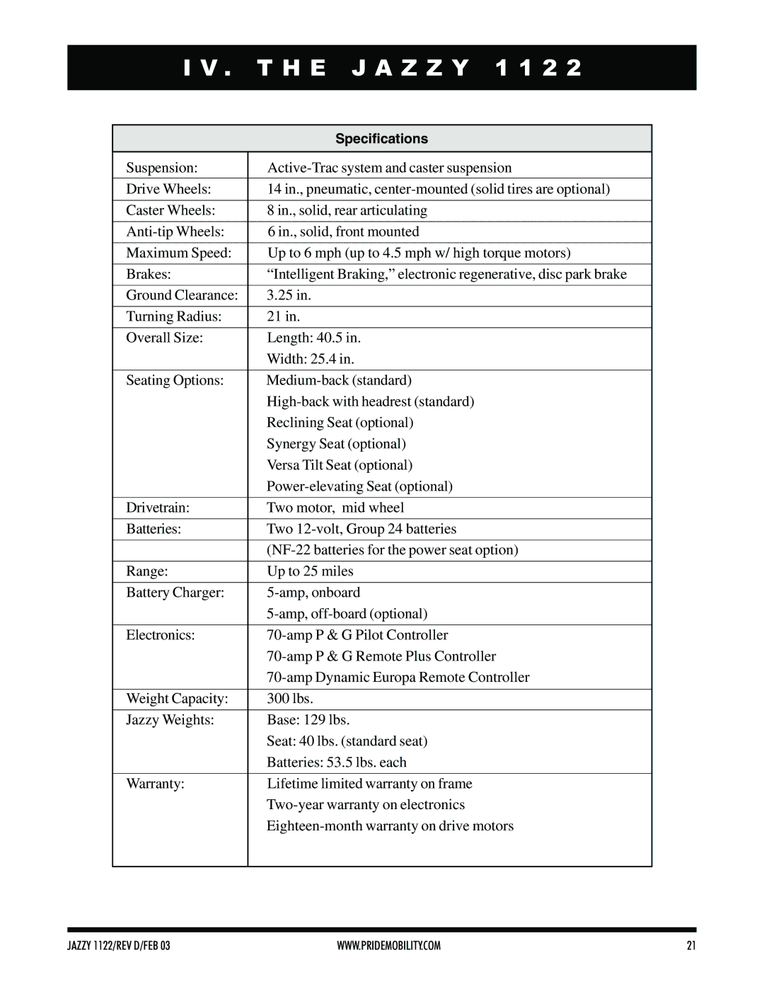 Pride Mobility Jazzy 1122 owner manual Specifications 