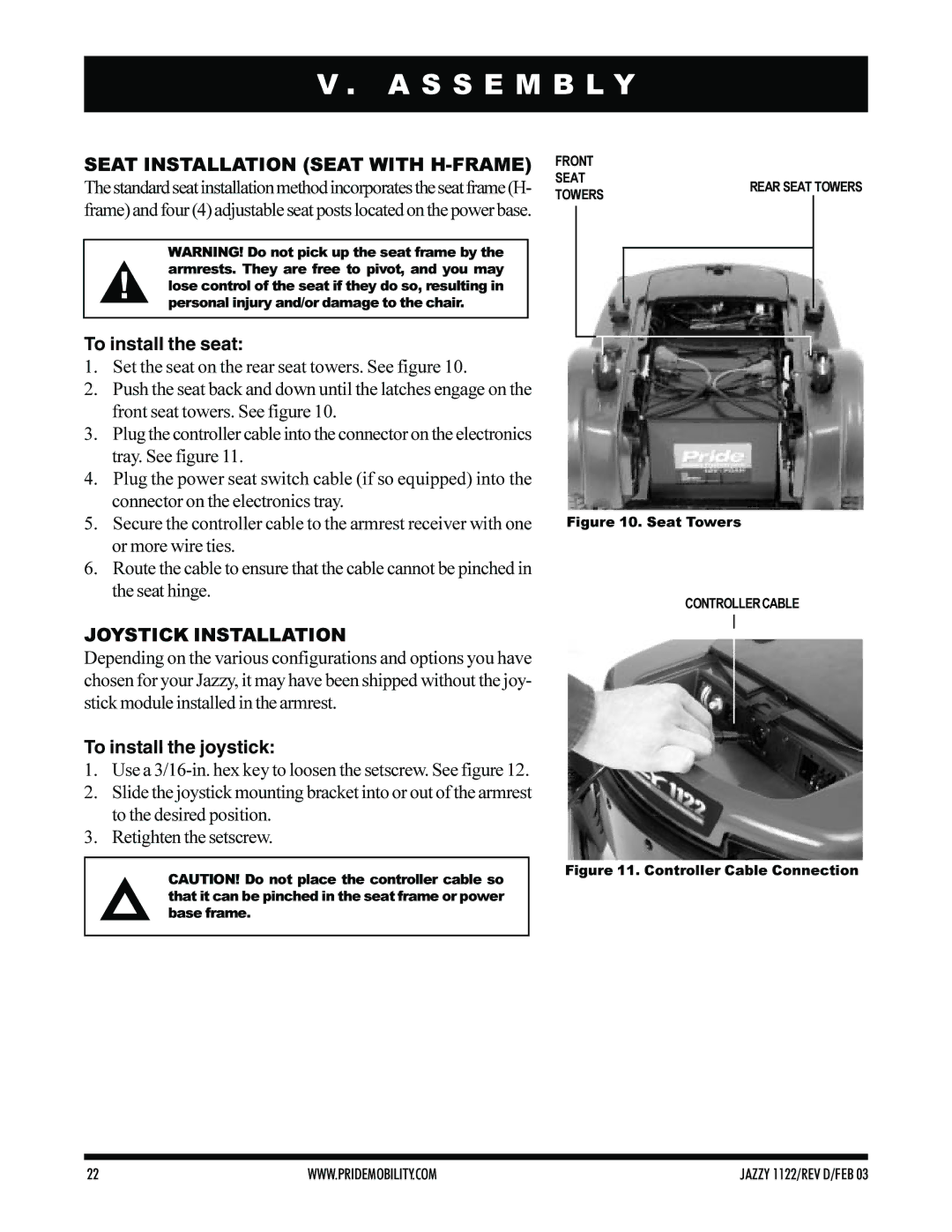 Pride Mobility Jazzy 1122 owner manual S S E M B L Y, To install the seat, Joystick Installation, To install the joystick 