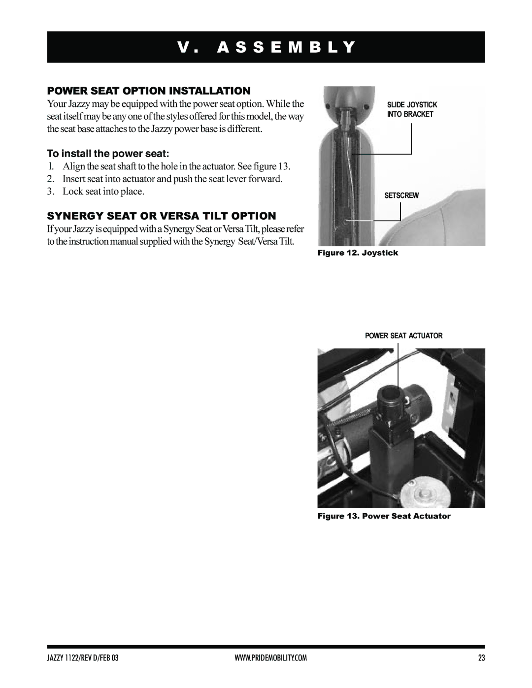 Pride Mobility Jazzy 1122 Power Seat Option Installation, To install the power seat, Synergy Seat or Versa Tilt Option 