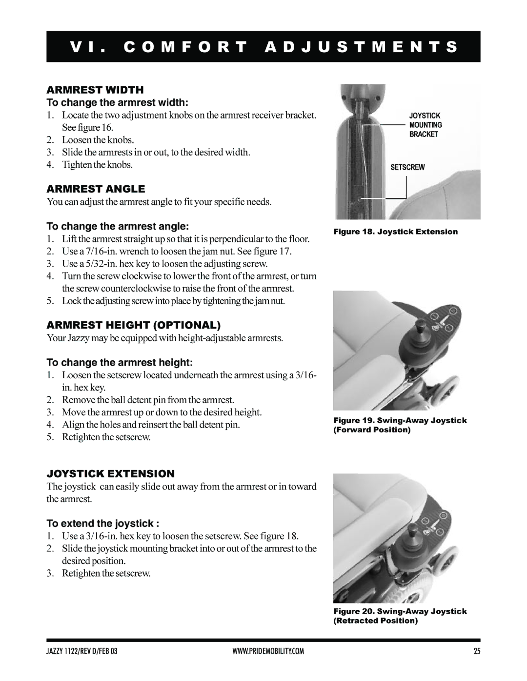 Pride Mobility Jazzy 1122 owner manual Armrest Width, Armrest Angle, Armrest Height Optional, Joystick Extension 