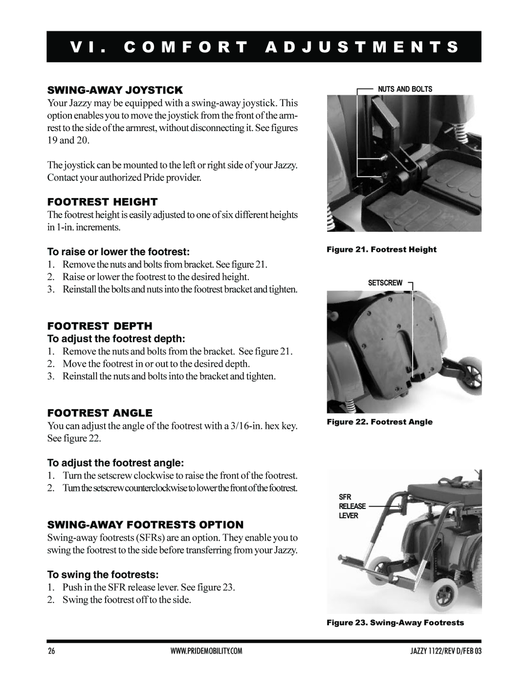 Pride Mobility Jazzy 1122 owner manual SWING-AWAY Joystick, Footrest Height, Footrest Depth, Footrest Angle 